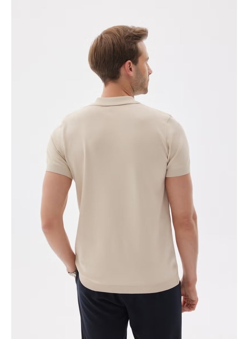 Odelon Limited Men's Plain Zipper Polo Collar Rayon Knitwear T-Shirt Beige - Image 1